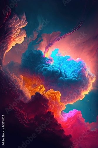 Abstract sky of colorful neon clouds  sunbeams shine through  illustration made with Generative AI 