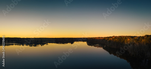 Beautiful aerial view of a lake at sunset  nature. ozark lakes  peachtree city.