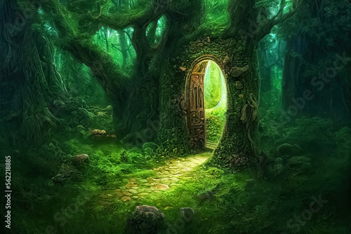 Magic teleport portal in mystic fairy tale forest. Gate to parallel fantasy surreal world. Generative AI.