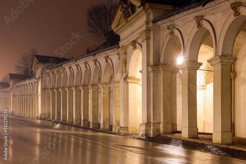 night view of the gallery of arches of the city of VICENZA in northern Italy the thunderstorm