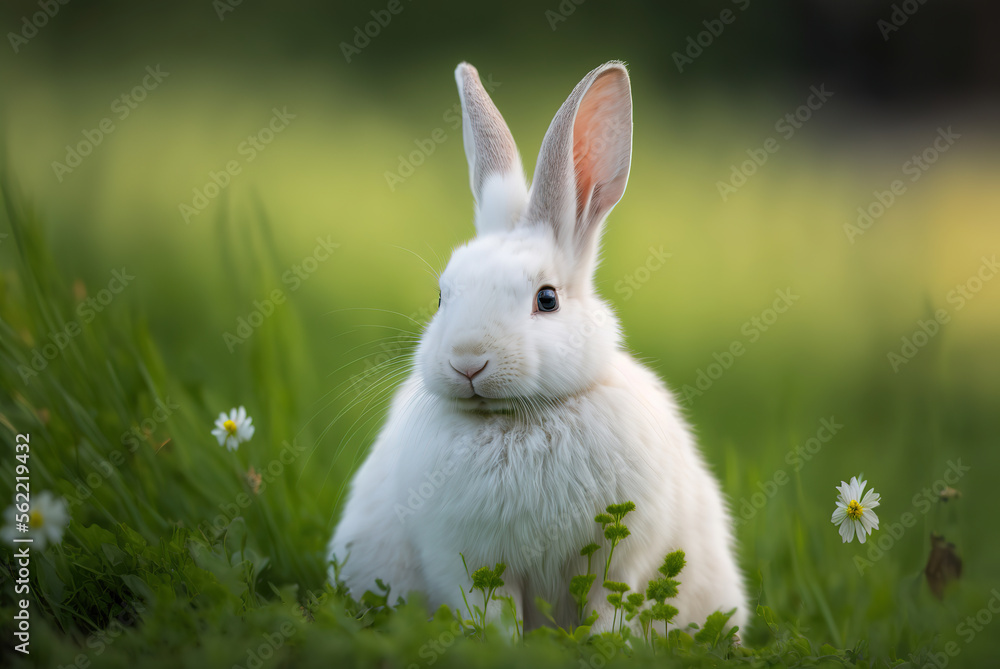 Obraz premium a small white rabbit sitting in the grass, animal, art illustration