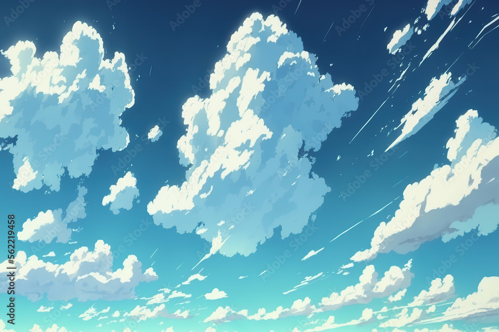 blue sky with paired clouds in anime style, art illustration Stock ...
