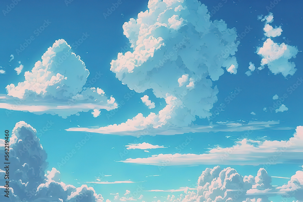 blue sky with paired clouds in anime style, art illustration Stock ...