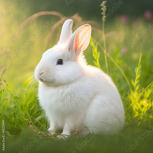 a small white rabbit sitting in the grass, animal, art illustration 