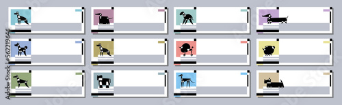 Twelve dog breed silhouettes. Avantgarde graphic style. Web banner template. Vector Illustration on a grey abstract background.