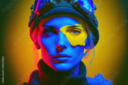 Young Ukrainian female soldier wearing military apocalyptic outfit. This image was created with generative AI