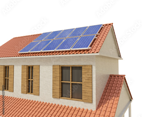 House with solar panels in 3d render realistic 