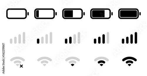 Battery signal and Wi-Fi icon symbol black and white icons pack. Mobile phone signal, wi-fi, battery icon. Status bar symbol modern, simple, vector, icon for website design, mobile app, ui. Vector photo