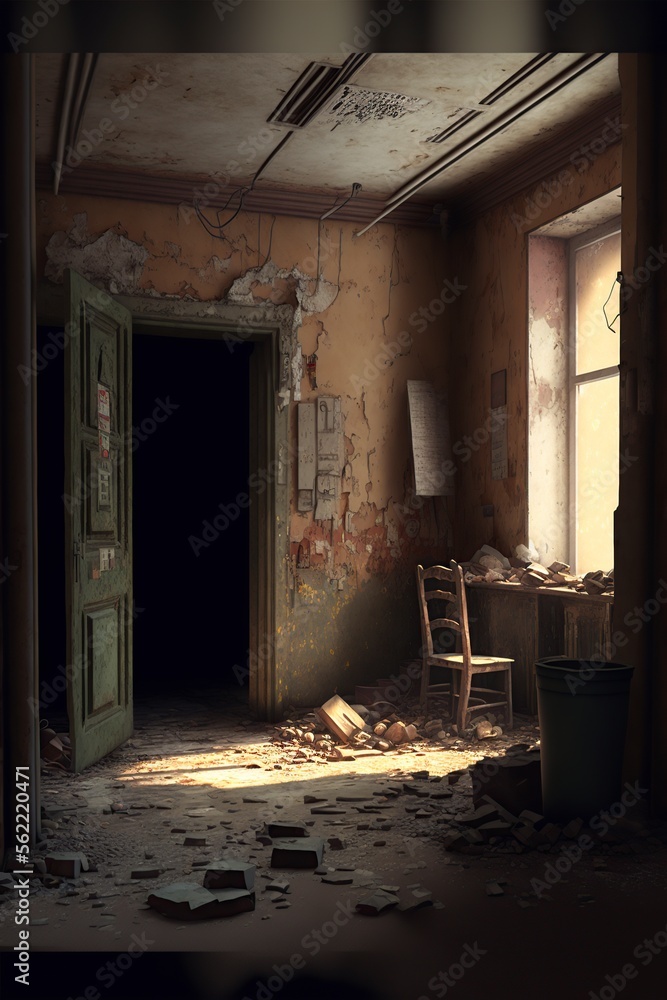illustration of an abandoned living room, showing a broken wall, an image generated by AI illustration of an abandoned living room, showing a broken wall, an image generated by AI
