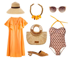 Beautiful yellow brown  clothes set. Vocation style garment. Women's clothing summer collection isolated. Female apparel.