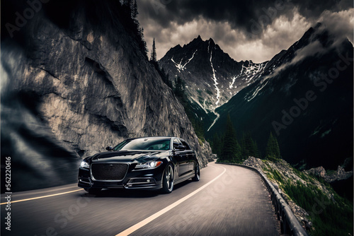  a black car driving down a mountain road with a dark sky in the background and mountains in the background with clouds and snow on the top of the car is a black car with a. Generative AI 
