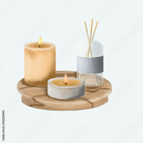 Aroma diffuser. Decorative wax candles for relaxation and spa. Bathroom decor. Burning wax or paraffin scented candles for aromatherapy. Nice decoration for home. Homeopathy and Ayurvedic Therapy.