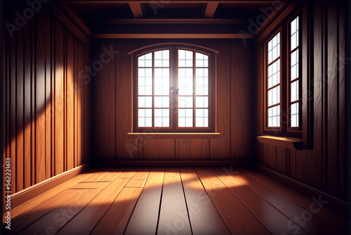 Beautiful fantastic background, location with wooden buildings, and rooms. Game concept, wallpaper. Generated AI.