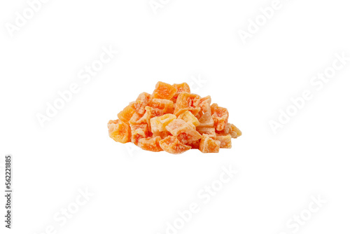 diced candied papaya heap isolated on white background. nutrition. food ingredient.