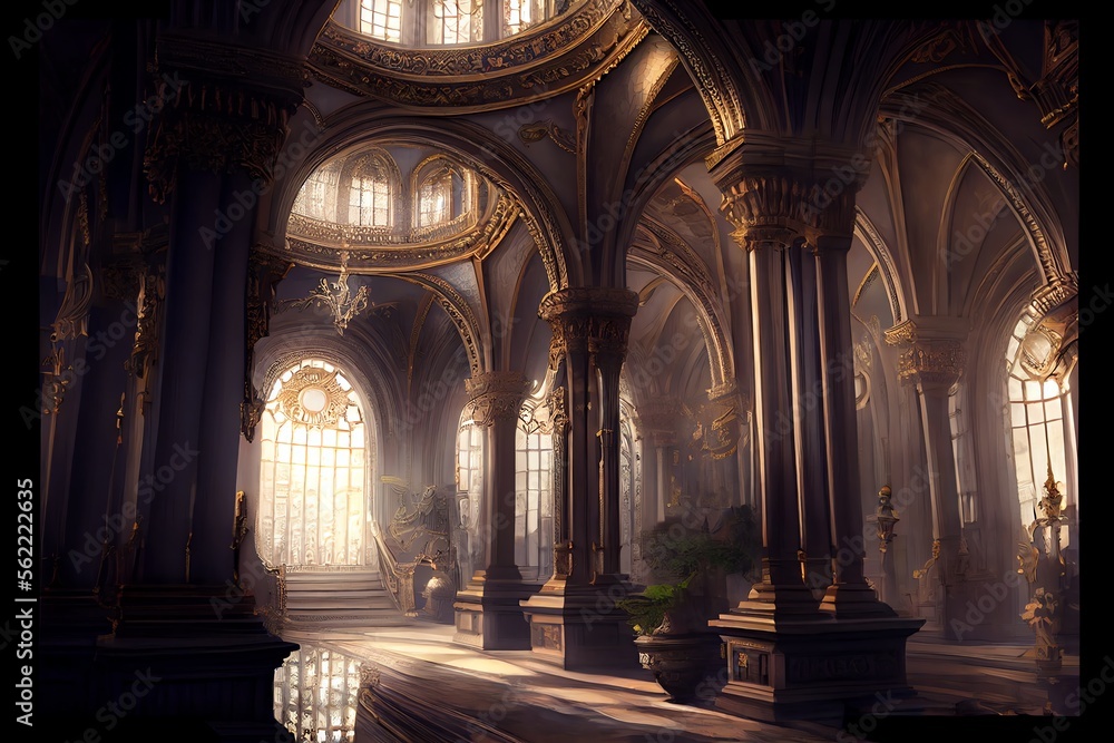 Fantasy palace interior with golden decor and castle-like features.. Generative AI