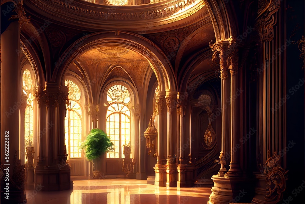 Fantasy palace interior with golden decor and castle-like features..  Generative AI Stock Illustration