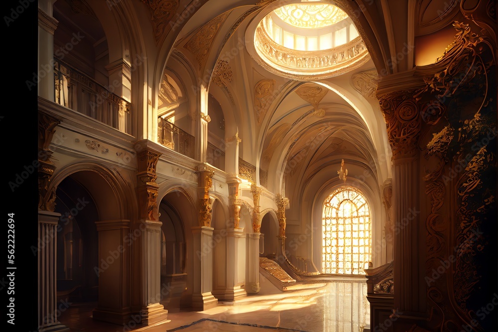 Fantasy palace interior with golden decor and castle-like features. Generative AI