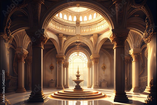 Fantasy palace interior with golden decor and castle-like features. Generative AI