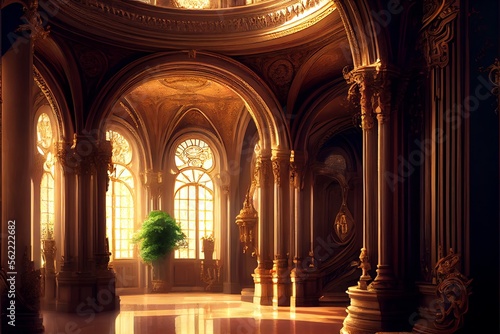 Fantasy palace interior with golden decor and castle-like features.. Generative AI