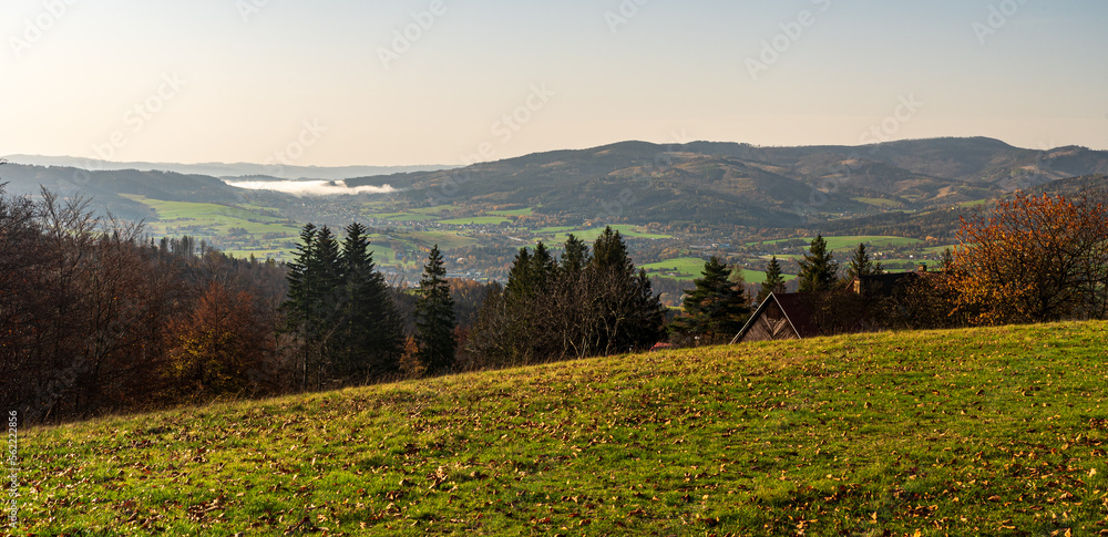 Autumn morning bellow Filipka hill in Slezske Beskydy mountains in Czech republic