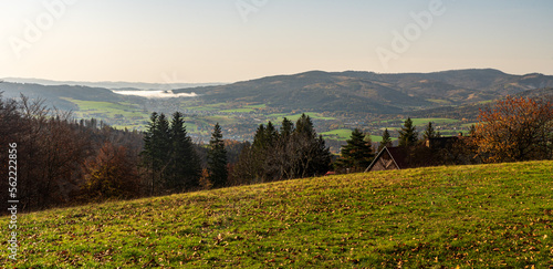 Autumn morning bellow Filipka hill in Slezske Beskydy mountains in Czech republic