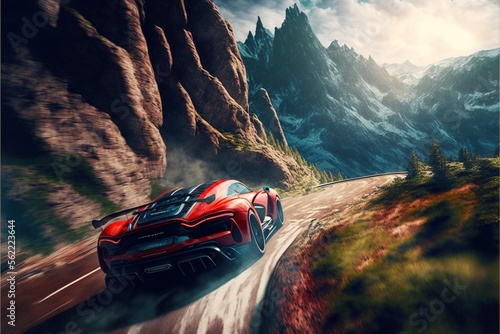  a red sports car driving down a mountain road in a digital painting style, with a mountain backdrop and clouds in the background, with a red car driving on the road, with a. Generative AI 