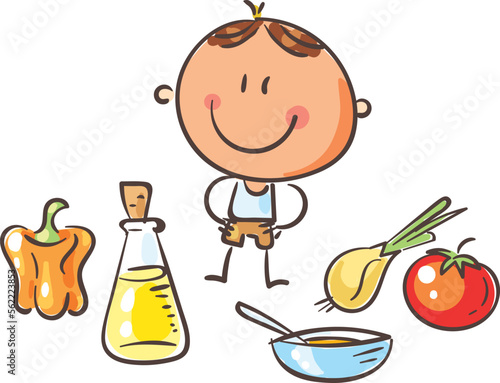 Happy cartoon boy with vegetable, cook preparing health eating