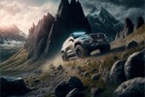  a white suv driving through a rocky terrain with mountains in the background and a cloudy sky above it, with a bright light shining on the top of the vehicle's front end of. Generative AI 