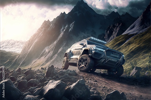  a car driving on a rocky road in the mountains with a cloudy sky above it and a mountain range in the background with rocks and grass on the ground, and rocks, and a. Generative AI 