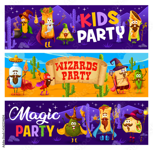 Wizards magic party cartoon tex mex mexican food characters. Vector banners with cute burrito  tacos  churros and avocado  pulque  tequila or enchiladas and nachos mage sorcerer personages
