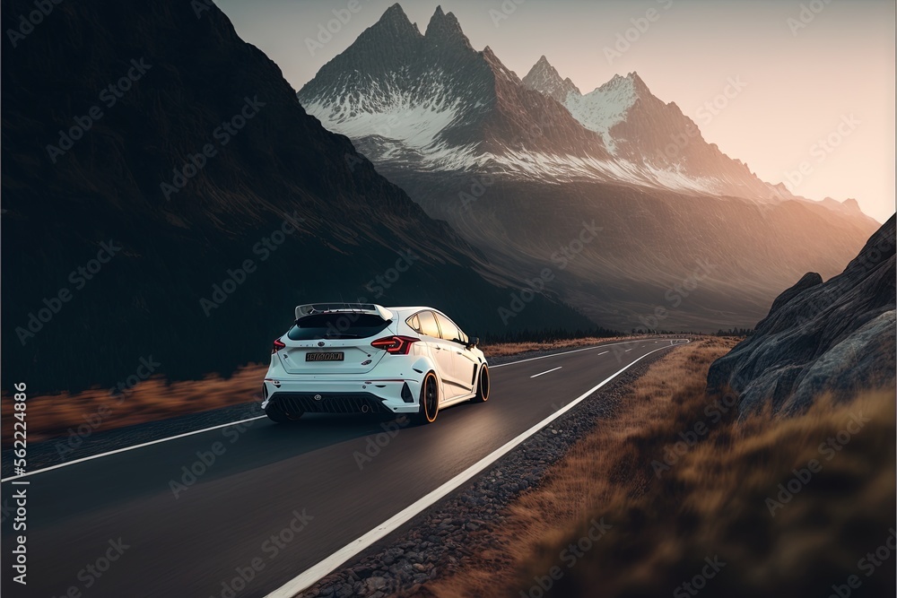  a white car driving down a road next to mountains and snow covered mountains in the background with a sunset in the foreground and a mountain range in the background. Generative AI
