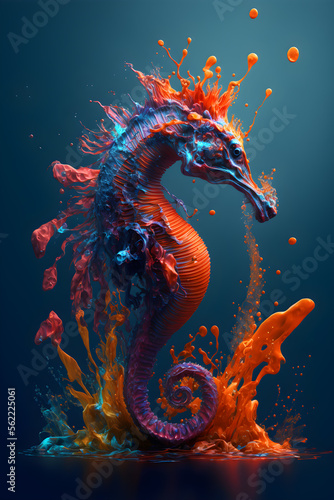 Marvelous abstract color paint splash sea horse, Generative ai.   © hutangach