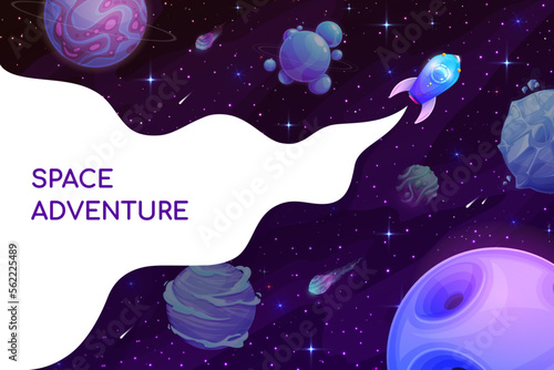 Cartoon space adventure poster. Rocket spaceship in galaxy. Vector design with shuttle explore galaxy with stars, planets, comets. Interstellar expedition in outer space, alien colonization mission