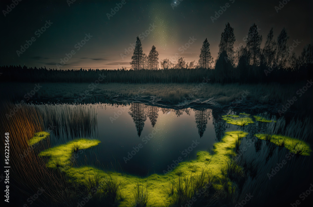 Fototapeta premium landscape at night in swamp. Generative AI picture.