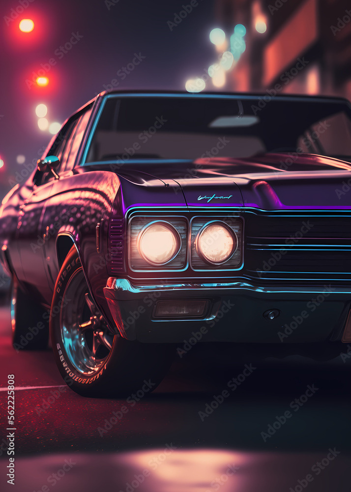 Front shot of a beautiful classic car parked in the streets in purple lights, digital art style, generative ai