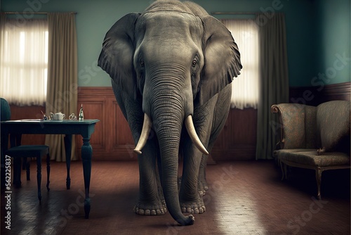  an elephant standing in a room with a table and chairs in it's back end and a chair in the background with a table and chairs in the back end of the room with a table. Generative AI