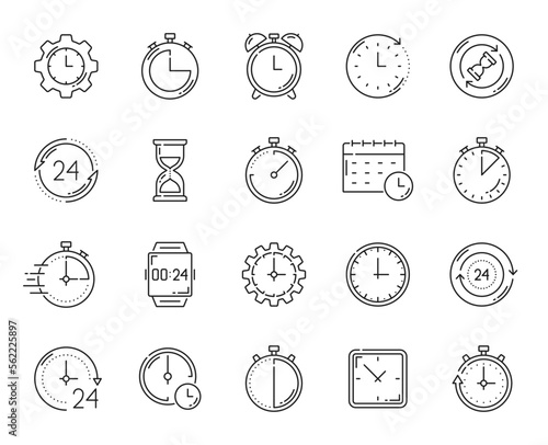 Timer clock outline icons. Alarm, stopwatch, calendar timer. Time measuring, management and planning, business productivity outline vector symbols or icons with modern alarm clock, wristwatch