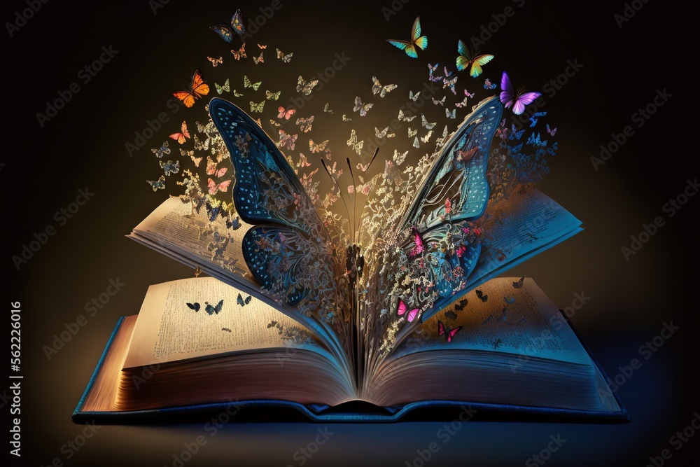a book with butterflies flying out of it on a table top with a black ...