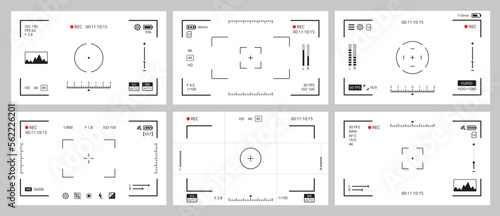 Camera viewfinder screens with vector focus frames. Video or photo camera digital displays with focus, zoom, rec or record indicators, overlay grid and exposure settings, view finder screens set