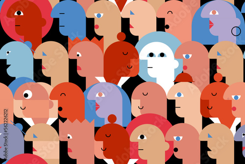 Simple geometric seamless pattern with faces of woman and man flat cartoon character. Crowd of diverse multiracial people.  Team together. Social diversity. Sketch vector illustration