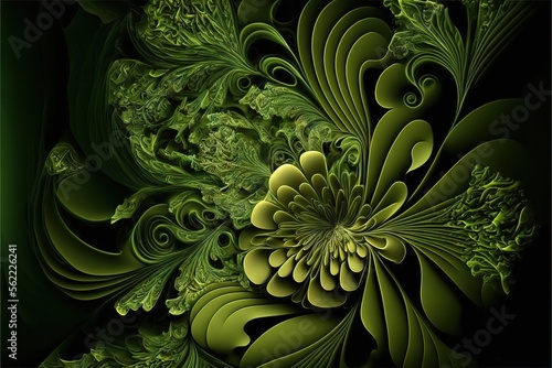  a green and black fracta flower with a green background and a black background with a green center and a white center and a green center with a black center and white center area with. Generative AI photo
