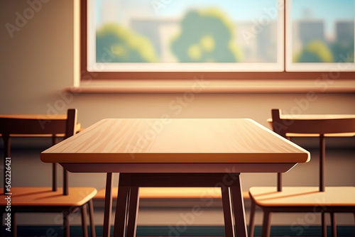 empty table and chair of university classroom (blur background and wooden table for displaying your product). Generative AI