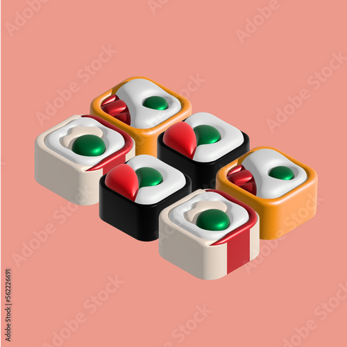 3d rendered illustration of food sushi set pink