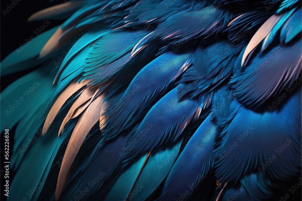 a close up of a blue bird's feathers with a black background and a ...