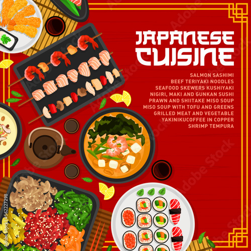 Japanese cuisine menu cover design, Japan food and Asian traditional dishes, vector. Japanese restaurant menu with sushi and salmon sashimi, tofu miso soup and grilled meat with vegetables yakiniku