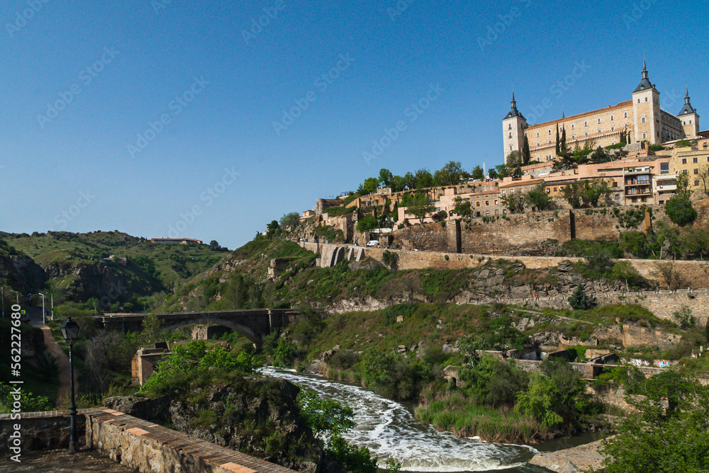 Segovia, España. April 29, 2022: Alcazar de Toledo with panoramic landscape in the city and blue sky.