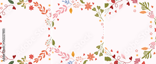 Beautiful greeting cards with wreaths of flowers, leaves and hearts in a around. Bright illustrations for greeting cards, invitations to weddings, birthdays and others. Vector. 