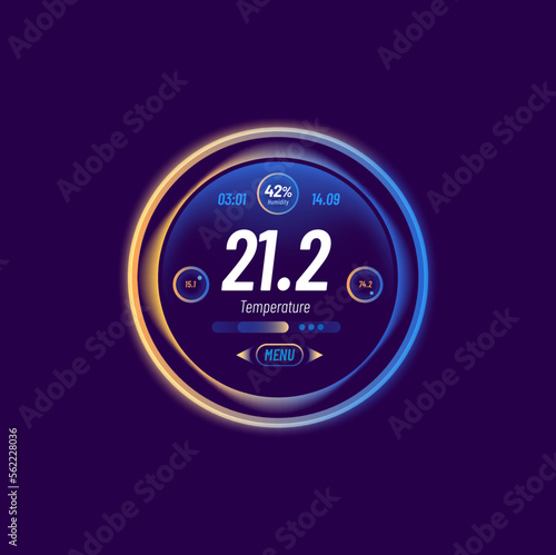 Home thermostat temperature control dial. Thermometer digital scale, climate system and conditioning equipment control panel indicator, house heating and cooling interface vector regulator or meter