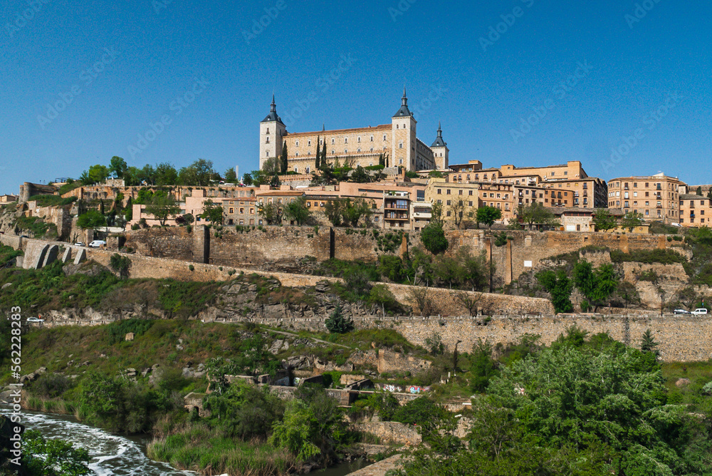 Segovia, España. April 29, 2022: Alcazar de Toledo with panoramic landscape in the city and blue sky.