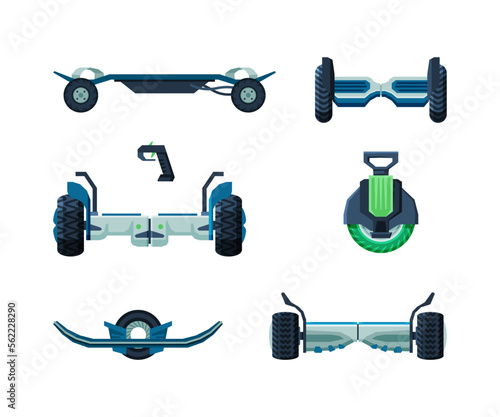 Eco friendly alternative vehicles set. Modern electric urban wheels cartoon vector illustration